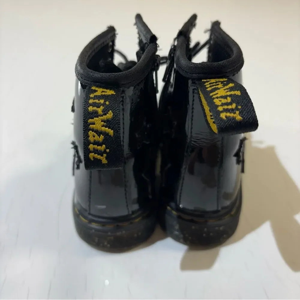 Dr. Martens Kids Black Patent Lace-Up Boots with Glitter Stars
